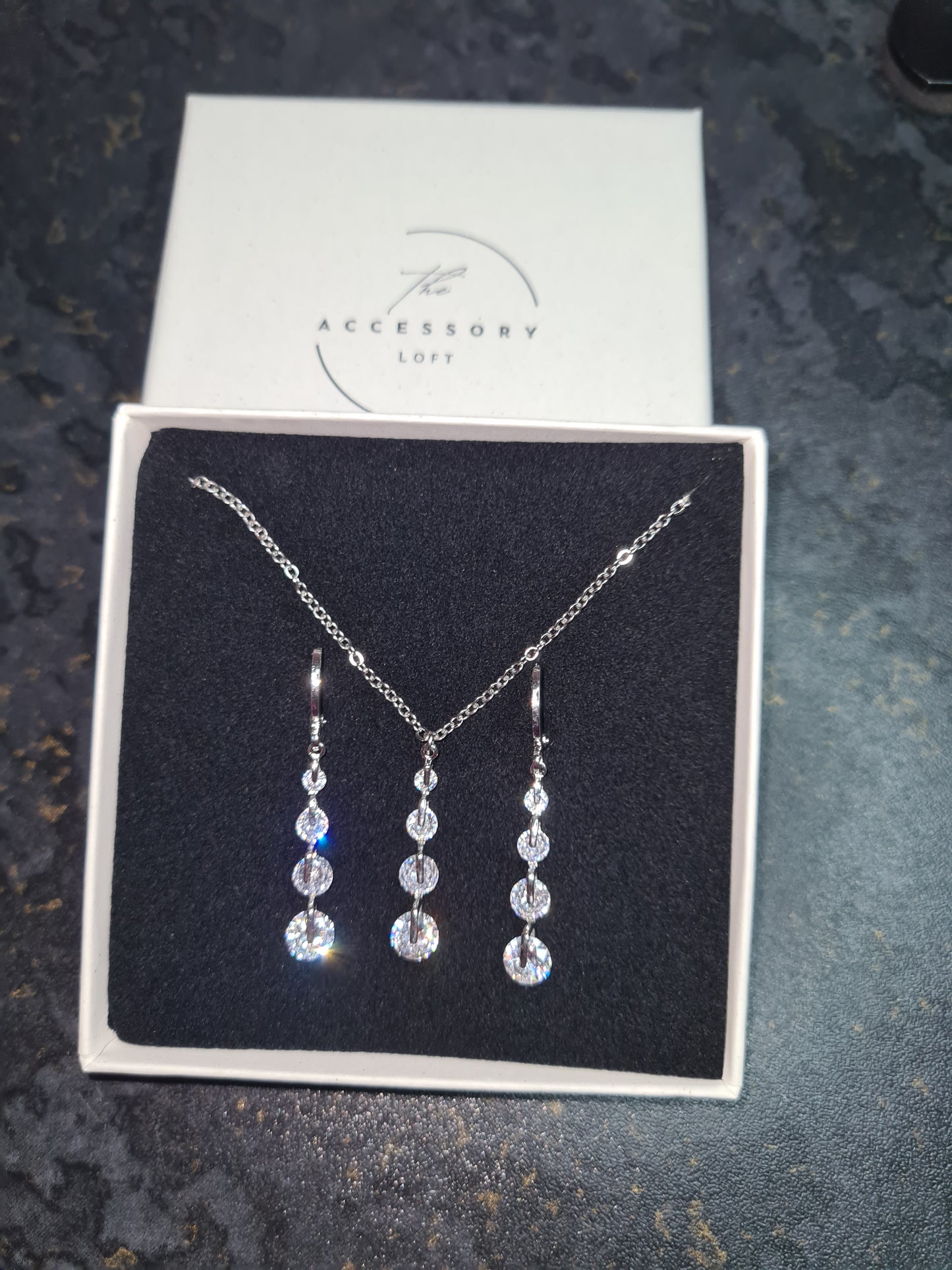 Charlotte diamond necklace and earring set- inc gift box ( available in gold or silver)