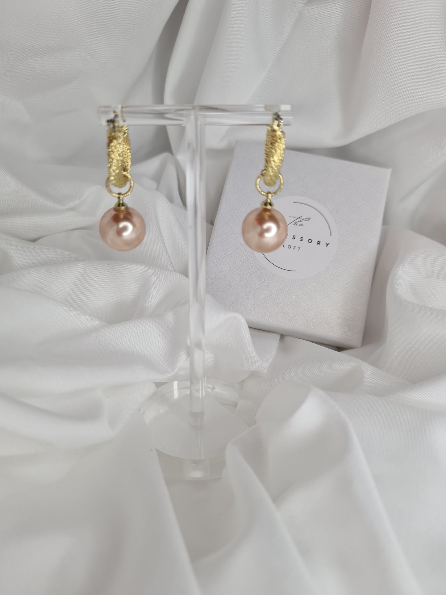 Scarlett C shape gold hoop earrings with pearl drop